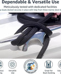 Two Pack Half Inch By Twenty Foot Dock Lines With Twelve Inch Loop For Docking And Mooring, black nylon rope tied to cleat