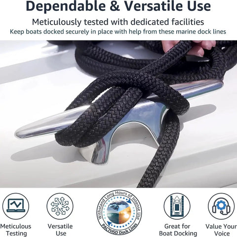 Two Pack Half Inch By Twenty Foot Dock Lines With Twelve Inch Loop For Docking And Mooring, black nylon rope tied to cleat