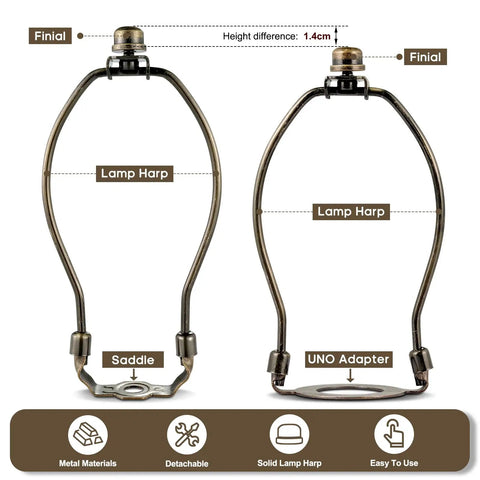 Top Shelf Seven Inch Antique Bronze Lamp Harp Set displaying two lamp harps with finials and UNO adapters for easy shade installation.