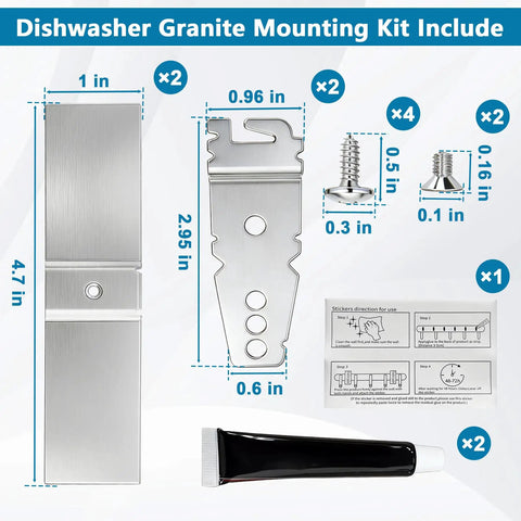 Straight Up Heavy Duty Dishwasher Mounting Bracket Kit For Granite Countertops With Stainless Bolts And Shims Compatible With Whirlpool Kenmore KitchenAid Replaces Wp8269145 Ps11745496 Makes Installing Solid Surfaces No Sweat 2 Pack parts layout with dimensions.