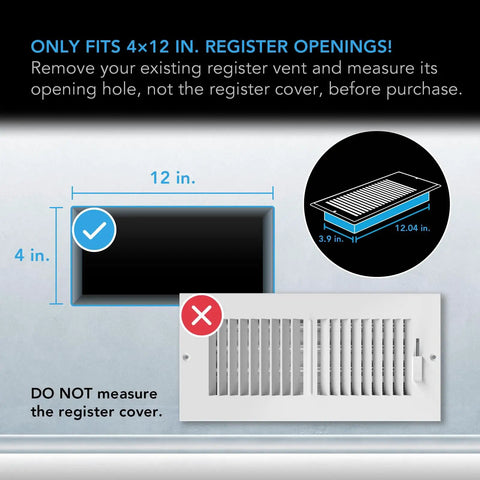 Diagram showing 4x12 opening size for 4x12 Register Booster Fan With Bluetooth App Control, 10 Quiet Speeds, Heating And Cooling Airflow Enhancer For Home Vents, Timers And Alerts, Data Notifications, Fits 4x12 Duct Openings