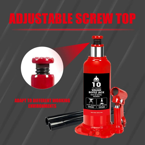 10 Ton Bottle Hydraulic Jack With 20,000 Lbs Capacity And Adjustable Screw Top Extension, Built In Oil Bypass Safety, Red Color