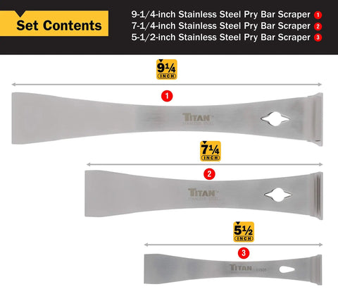 Three Piece Stainless Steel Pry Bar Scraper Set With Nail Puller And Angled Edge Includes 5-1/2 Inch, 7-1/4 Inch, And 9-1/4 Inch Bars