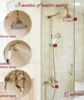 Exposed Antique Brass Shower System Set with 8 Inch Rain Shower Head, Dual Knob Handles, Three Function Tub Spout in bathroom