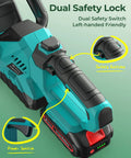 Close-up of Powerful Cordless Hedge Trimmer with Dual Batteries showing safety lock and power switch features, 3000 RPM motor.