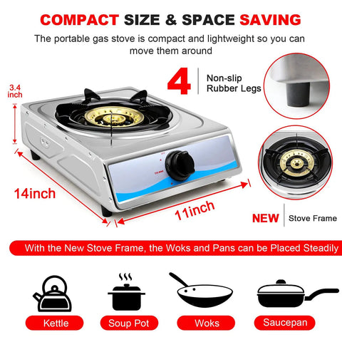 Portable Stainless Steel Single Burner Gas Stove With Auto Ignition Delivers 9800 BTU Per Hour For Quick Even Heating Overview