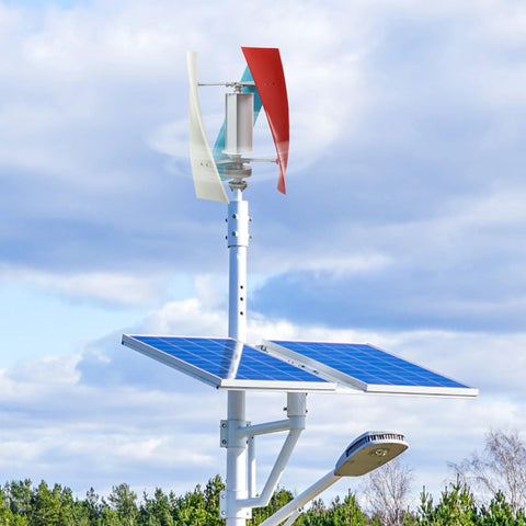 Vertical axis wind turbine with three colored blades atop a pole beside two solar panels; 12V 100W off-grid generator.