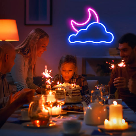 Family dinner with Cloud And Moon LED Neon Sign For Wall Decor USB Powered Neon Light With Adjustable Brightness
