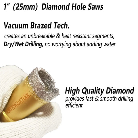 Dry And Wet Diamond Hole Saw Set 1 inch 25mm vacuum brazed, shown with diamond tip and glove for ceramic tile drilling