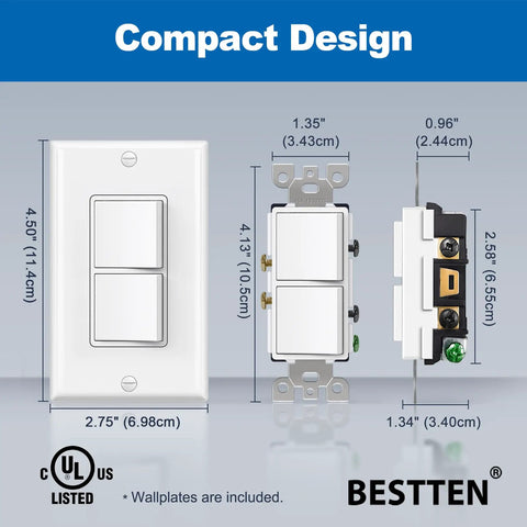 Two Pack Double Rocker Light Switch With Dual Paddle Interrupter, 15A 120V, In Wall On Off, Single Pole, UL Listed, White Finish dimensions