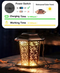 Solar Powered Bird Feeder For Outdoors Hanging Built Tough Premium Metal Construction Chew Proof Weather And Water Resistant Garden Decor Lantern By Night Dope For Yards And Patios with charging and working time details.