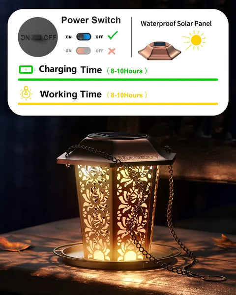 Solar Powered Bird Feeder For Outdoors Hanging Built Tough Premium Metal Construction Chew Proof Weather And Water Resistant Garden Decor Lantern By Night Dope For Yards And Patios with charging and working time details.