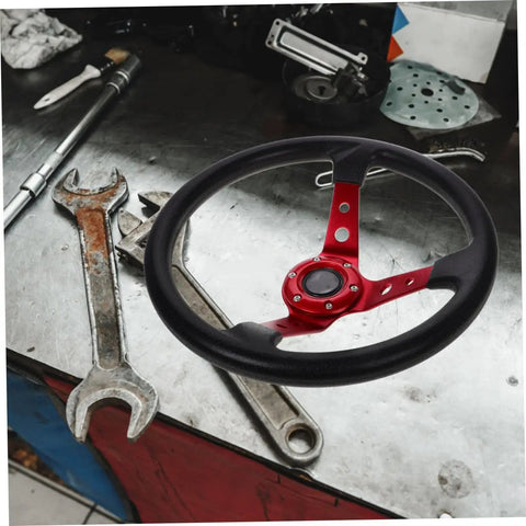 Universal 14 Inch PU Racing Steering Wheel For Cars Golf Carts And Trucks Dope Drifting Style With Concave Red Grip on workbench