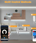 Living room with 16.4 Ft Smart LED Strip Light With App And Remote 6500K Cool White Cob LEDs WiFi enabled on shelves and walls.