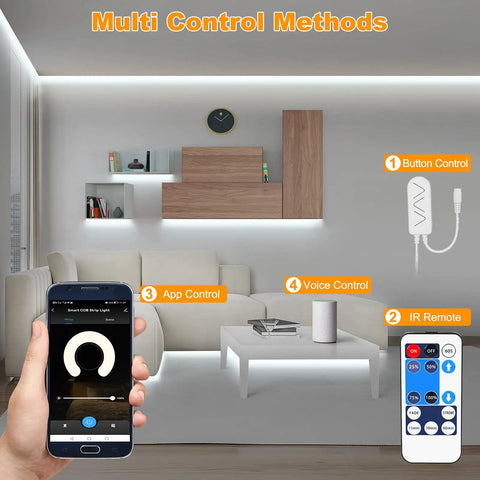 Living room with 16.4 Ft Smart LED Strip Light With App And Remote 6500K Cool White Cob LEDs WiFi enabled on shelves and walls.