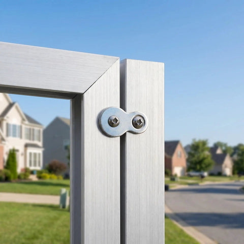 Double Hole Tabletop Metal Connectors With Screws Prepunched Silver Fastener Plates for Wall Mount Frames in outdoor setting.