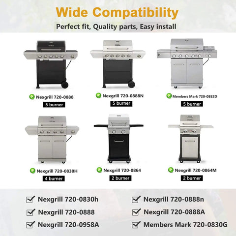 Image showing various Nexgrill models compatible with the Grill Replacement Parts Kit for Nexgrill 4, 5 and 6 burner grills.