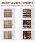 Foldable Shoe Storage Box With Clear Cover And Adjustable Dividers Stash 16 Pairs In A Closet Or Entryway Organizer Durable Beige Cubby Containers for flexible shoe organization, 6 layout options displayed.
