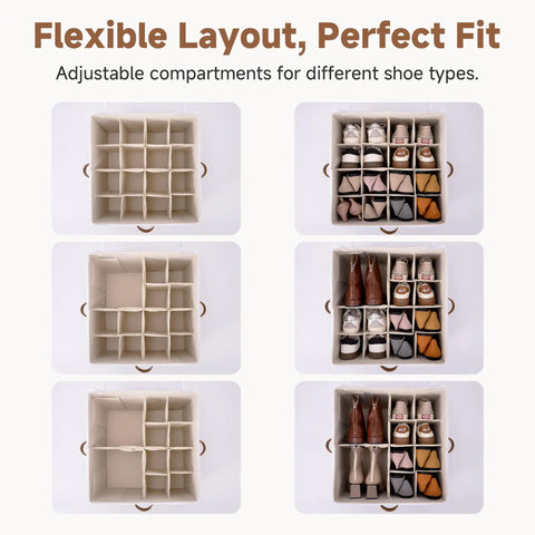 Foldable Shoe Storage Box With Clear Cover And Adjustable Dividers Stash 16 Pairs In A Closet Or Entryway Organizer Durable Beige Cubby Containers for flexible shoe organization, 6 layout options displayed.