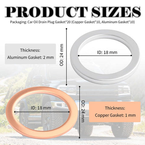 20 Pack M18 Oil Drain Plug Gasket Set Copper And Aluminum Crush Washers, showing 2mm aluminum and 1mm copper gaskets
