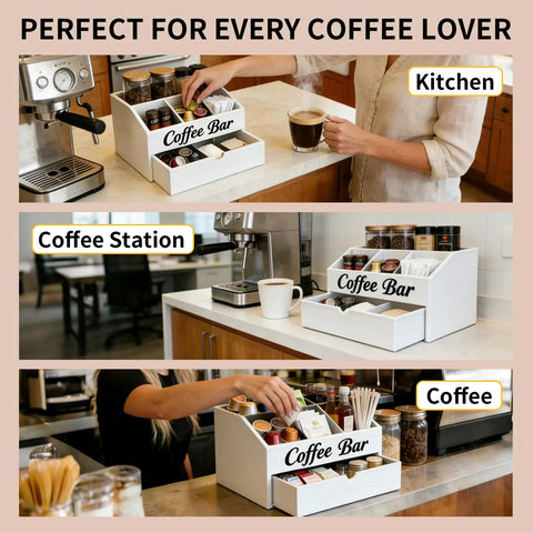 Two Tier Wooden Coffee Bar Organizer For Countertop With Dust Proof Drawer And Five Compartments For Syrups Pods Tea Bags And Cups White Finish Coffee Station Accessories Holder Must Have in kitchen setting