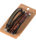 Handcrafted Hemp Cord And Genuine Leather Bracelet With Rustic Wooden Beads Adjustable Unisex Chain displayed on cardboard backing.