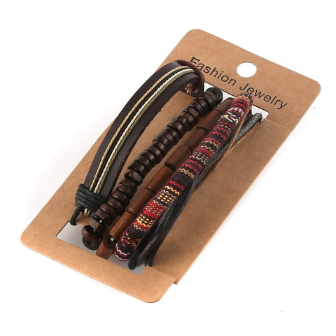 Handcrafted Hemp Cord And Genuine Leather Bracelet With Rustic Wooden Beads Adjustable Unisex Chain displayed on cardboard backing.