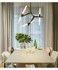 Post-Modern Nordic Pendant Light Herringbone contemporary dining room with dimmable G9 bulb above a gray table.