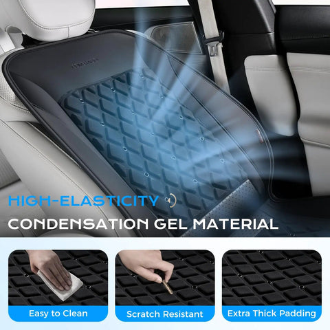 Chill Out Behind The Wheel With This Universal Fit Ventilated Car Seat Cover Packing Quick Three Speed Cooling Fans And Super Breezy Leather Mesh That Keeps You Crisp And Comfy All Summer Long, showing gel material and ventilation details.