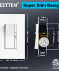 Buzz Free 6 Pack Dimmer Switch Slick Quiet Operation dimensions display, showcasing super slim design and detailed measurements.
