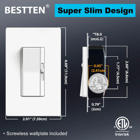 Buzz Free 6 Pack Dimmer Switch Slick Quiet Operation dimensions display, showcasing super slim design and detailed measurements.