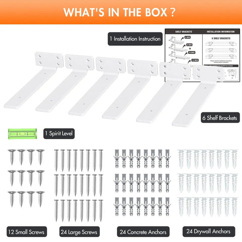 Kickass Heavy Duty Floating Shelf Brackets 10 Inch 6 Pack includes 6 white iron brackets, screws, anchors, and spirit level.