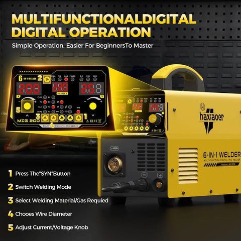 Dual Voltage 200A MIG Welder Six In One Multi Process Beast with digital control display and synergic functions shown