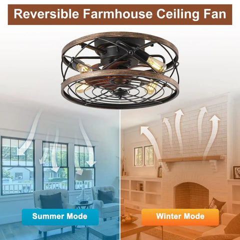 Dope Industrial Cage Ceiling Fan With Light Remote Control 20 Inch Flush Mount displaying summer and winter modes in living room