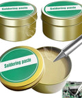 No Clean Lead Free Solder Flux Paste 100g Pro Grade For Precision Electronics Repair Two Boxes, open tin and circuit board