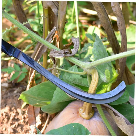 Close-up of a 2-Pack Mowing Sickle Weeding Hook with No Slip Grip cutting a plant stem in a garden setting, rustproof design visible.