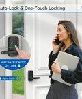 Woman using keyless entry door lock with keypad for front door, digital smart knob, holding laptop, exterior code access view.