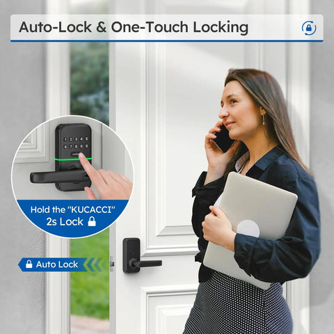 Woman using keyless entry door lock with keypad for front door, digital smart knob, holding laptop, exterior code access view.