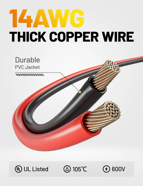 14AWG thick copper wire with durable PVC jacket and UL certification, part of 1.25Ft SAE To O Ring Terminal Harness And Battery Charger Cord