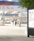 Heavy Duty 55 Inch Outdoor Portrait Kiosk Weatherproof Digital Signage Enclosure displaying a map outside an arena.