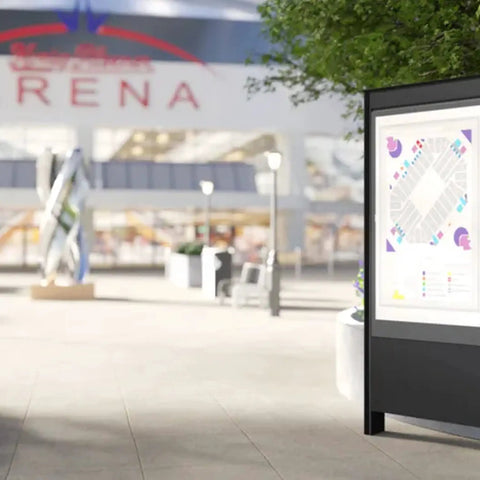Heavy Duty 55 Inch Outdoor Portrait Kiosk Weatherproof Digital Signage Enclosure displaying a map outside an arena.