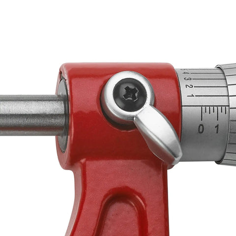 Close-up of Pro Grade Outside Micrometer Set 0 To 4 Inches With Microfine 0.0001 Inch Readings, showing ratchet stop mechanism.