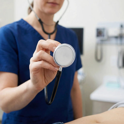 Front view of stethoscope diaphragm replacement with silver disk held by clinician in blue scrubs