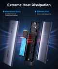 Blazing Fast M.2 Nvme And Sata Ssd Enclosure featuring aluminum body and silicone pad for extreme heat dissipation.