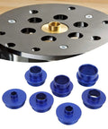 Top Shelf Router Template Guide Bushing Set fits woodworking jigs, includes 6 blue aluminum rings and a black base plate.