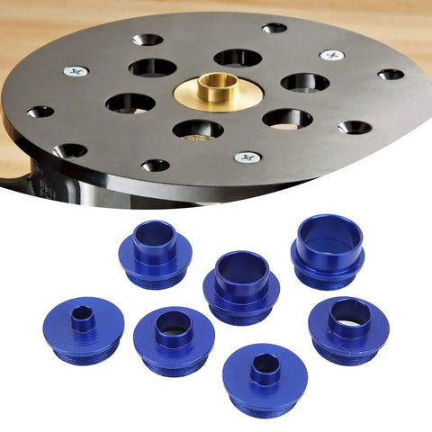 Top Shelf Router Template Guide Bushing Set fits woodworking jigs, includes 6 blue aluminum rings and a black base plate.