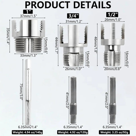Product details showing 4 In 1 Water Pipe Wrench Tapping And Threading Tool for 1/2, 3/4, and 1 inch pipes with all thread types.
