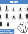 SAE sizes showing 240 pcs set screws with 5 SAE hex wrenches from the 560 Piece Set Screw Kit With 25 Sizes Metric And SAE Assortment