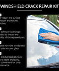 Person using Windshield Crack Repair Kit With Advanced Repair Liquid on car window with clear sky reflection.
