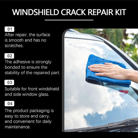 Person using Windshield Crack Repair Kit With Advanced Repair Liquid on car window with clear sky reflection.